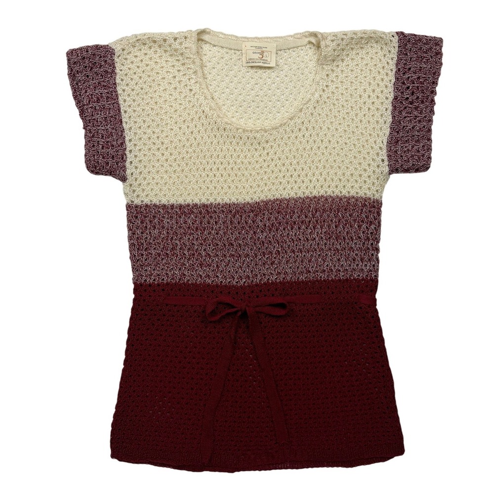 Vintage 70s George 5 Open Knit Colorblock Belted Sweater Top Burgundy XS/S